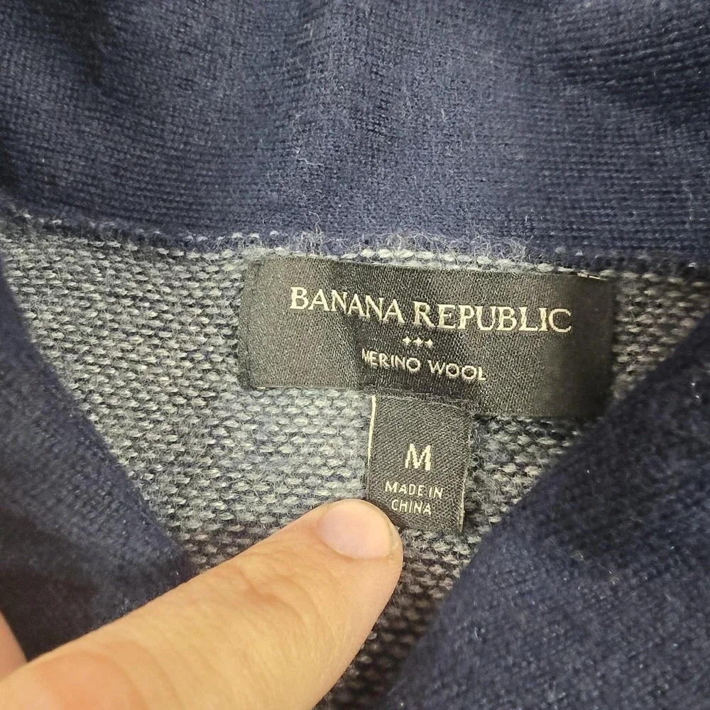 Banana Republic Sweater Mens Medium Blue Gray Merino‎ Wool Shawl Collar Pullover